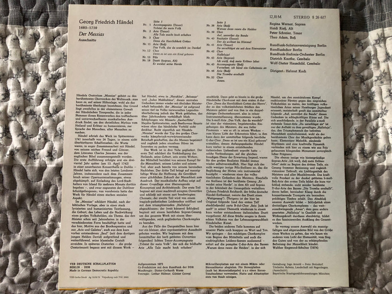 Händel: Der Messias, Ausschnitte - Regina Werner, Heidi Rieß, Peter Schreier, Theo Adam, Rundfunk-Solistenvereinigung Berlin, Rundfunkchor Berlin, Rundfunk-Sinfonie-Orchester Berlin, Helmut Koch / ETERNA LP 1978 Stereo / 8 26 617