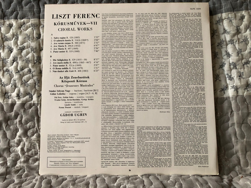 Liszt: Choral Works VII - Sándor Sólyom Nagy (baritone), Gábor Lehotka (organ), Chorus Jeunesses Musicales, Gábor Ugrin / Hungaroton LP Stereo 1983 / SLPX 12234