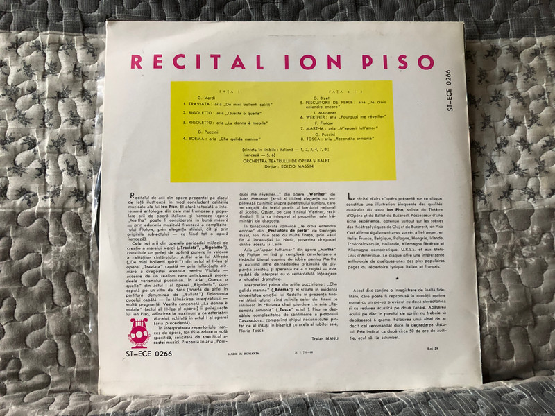 Ion Piso: Arii Din Opere - Traviata; Rigoletto; Pescuitori De Perle; Martha; Wether; Boema; Tosca / Electrecord LP Stereo / ST-ECE 0266