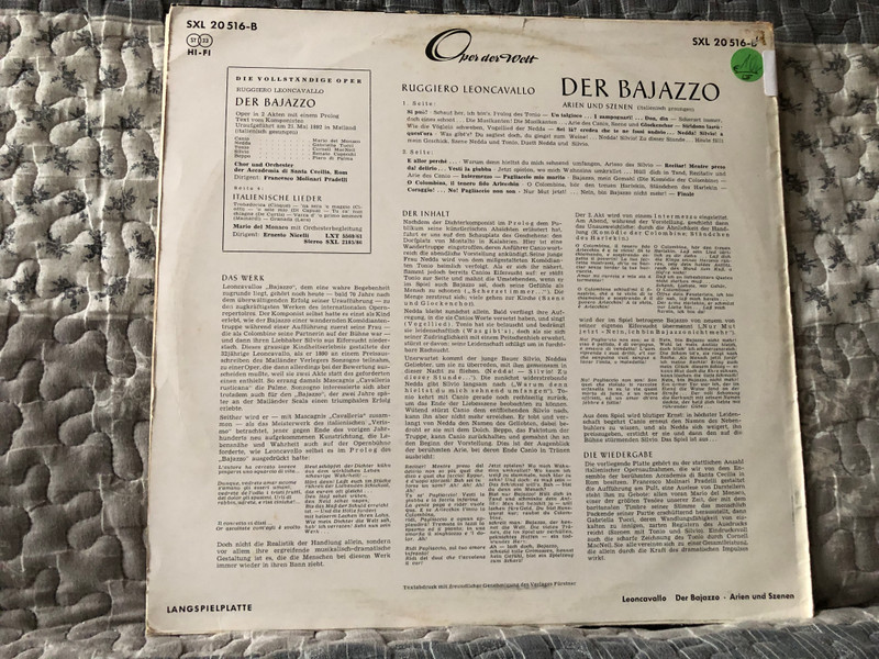 Der Bajazzo - Del Monaco, Mac Neill, Tucci / Oper Der Welt / Decca LP Stereo / SXL 20 516-B