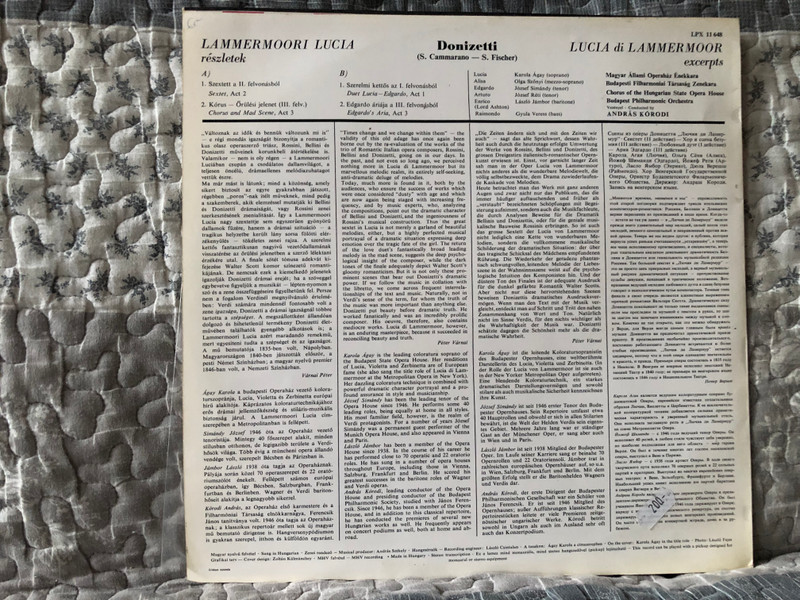 Donizetti: Lucia Di Lammermoor (Excerpts) - Karola Ágay, Jozsef Simandy, Laszlo Jambor, Jozsef Reti, Budapest Philharmonic Orchestra, Conducted by Kórody András / Hungaroton LP Stereo / LPX 11648
