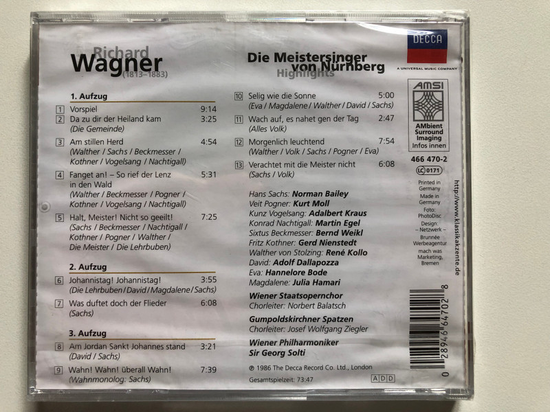 Richard Wagner: Die Meistersinger Von Nürnberg (Highlights) - Bodi, Hamari, Bailey, Egel, Kraus, Kollo, Moll, Wiener Philharmoniker, Sir Georg Solti / Eloquence / Decca Audio CD / 466 470-2