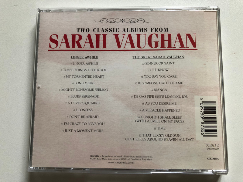 Two Classic Albums From Sarah Vaughan – Linger Awhile; The Great Sarah Vaughan / Two On One / Columbia Audio CD 2001 / 501873 2