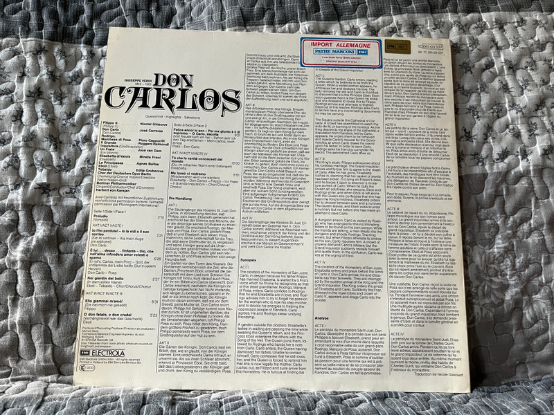 Giuseppe Verdi: Don Carlos - José Carreras, Mirella Freni, Nicolai Ghiaurov, Agnes Baltsa, Piero Cappuccilli, Ruggero Raimondi, José van Dam, Edita Gruberova, Chor der Deutschen Oper Berlin, Berliner Philharmoniker / His Master's Voice LP 1979 / 1C 061-03 537