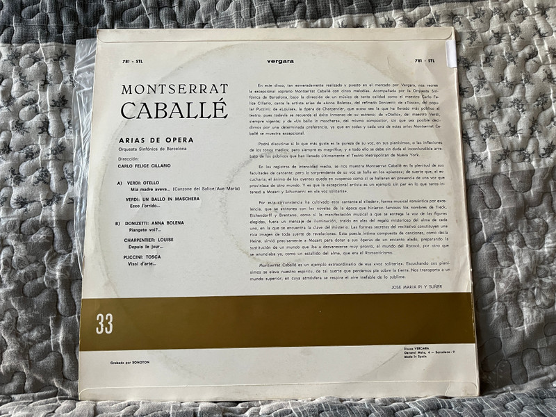 Montserrat Caballé: Arias De Opera - Verdi: Otello, Un Ballo In Maschera, Donizzeti: Anna Bolena, Charpentier: Louise, Puccini: Tosca / Orquestra Simfònica De Barcelona, Direccion: Carlo Felice Cillario / Vergara LP Stereo / 781 - STL