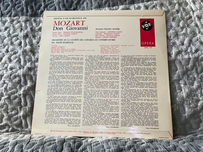 Mozart: Don Giovanni - T. Stich-Randall, A. Campo, N. Gedda, A. Vessières, M. Cortis, Orchestre De La Société Des Concerts Du Conservatoire, Dir. Hans Rosbaud / VOX LP 1963 / OPL 170 