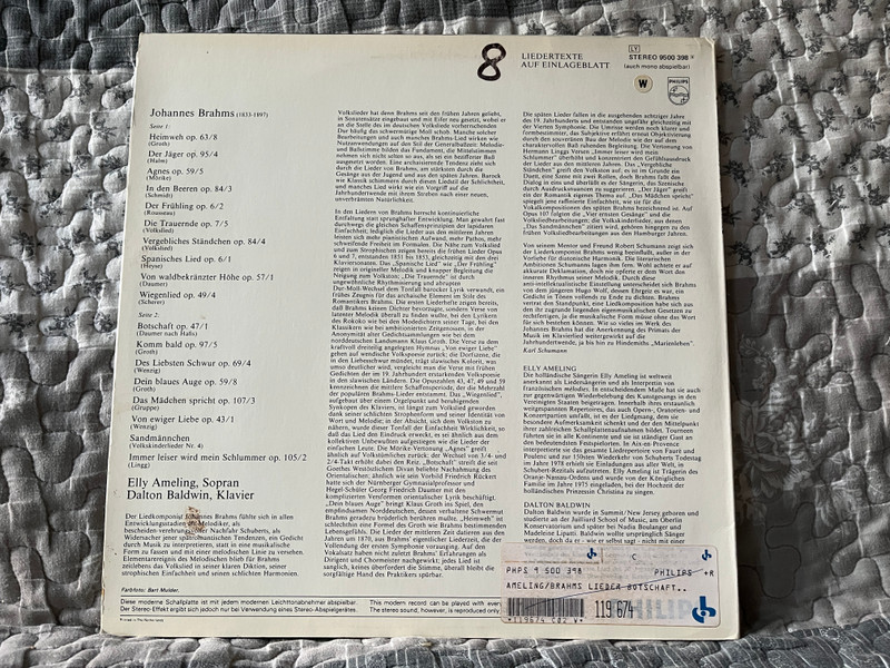 Elly Ameling Singt Lieder von Brahms - Botschaft; Der Jäger; Der Frühling; Wiegenlied - Dalton Baldwin (klavier) / Philips LP Stereo / 9500 398