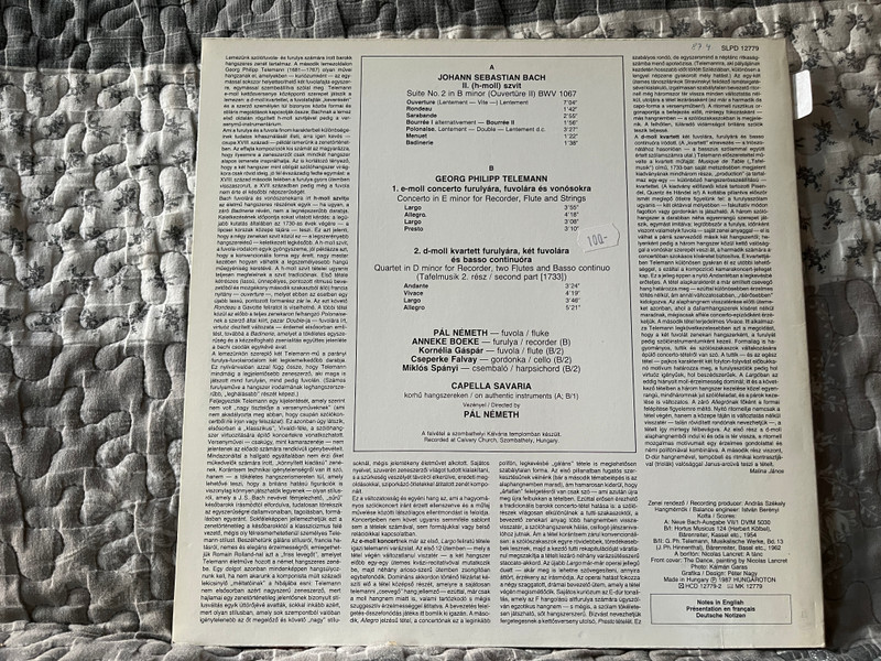 J. S. Bach - Suite No. 2 In B Minor; Telemann - Concerto In E Minor, Quartet In D Minor - Pál Németh (flute), Capella Savaria, Anneke Boeke (recorder) / Hungaroton Antiqua / Hungaroton LP Stereo 1987 / SLPD 12779