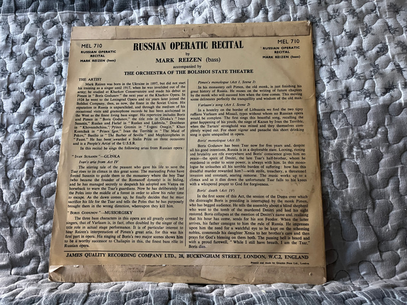 Russian Operatic Recital by Mark Reizen With The Bolshoi State Theatre Orchestra, conducted by Vasili Nebolsin and Nikolai Golovanov / Excerpts from ''Ivan Susanin'' by Glinka and ''Boris Godunov'' by Mussorgsky / Monarch LP / MEL 710 