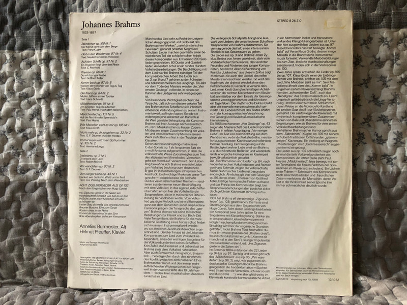 Brahms - Liebeslieder, Zigeunerlieder Op. 103 - Annelies Burmeister (alt), Helmut Pfeuffer (klavier) / ETERNA Edition / ETERNA LP Stereo 1973 / 8 26 210