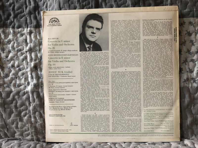 Max Bruch: Concerto In G Minor, Felix Mendelssohn-Bartholdy: Concerto In E Minor - Czech Philharmonic Orchestra, Conductor: Karel Ančerl, Josef Suk (violin) / Supraphon LP Mono 1964 / SUA 10546