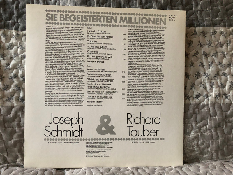 Sie Begeisterten Millionen - Joseph Schmidt & Richard Tauber / AMIGA LP Mono 1981 / 8 40 015
