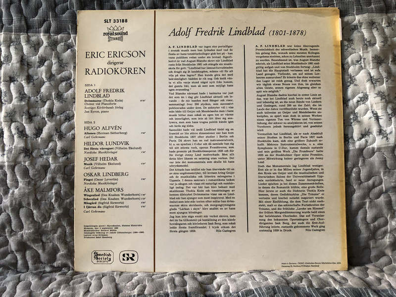 Adolf Fredrik Lindblad: Drömmarne - Radiokören, Eric Ericson, Jan Eyron (piano), Sanger au Alfvén, Lundvik, Hedar, Lindberg och Malmfors / Swedish Society Discofil LP Stereo / SLT 33188