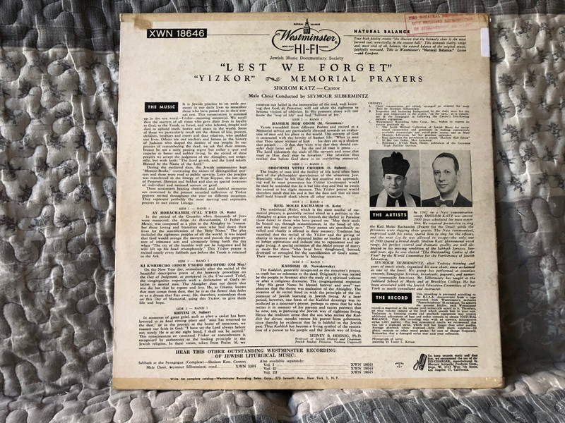 Lest We Forget - ''Yizkor'', Memorials From The Traditional Hebrew Liturgy - Cantor Sholom Katz And Male Choir, Seymour Silbermintz (conductor) / Westminster LP / XWN 18646
