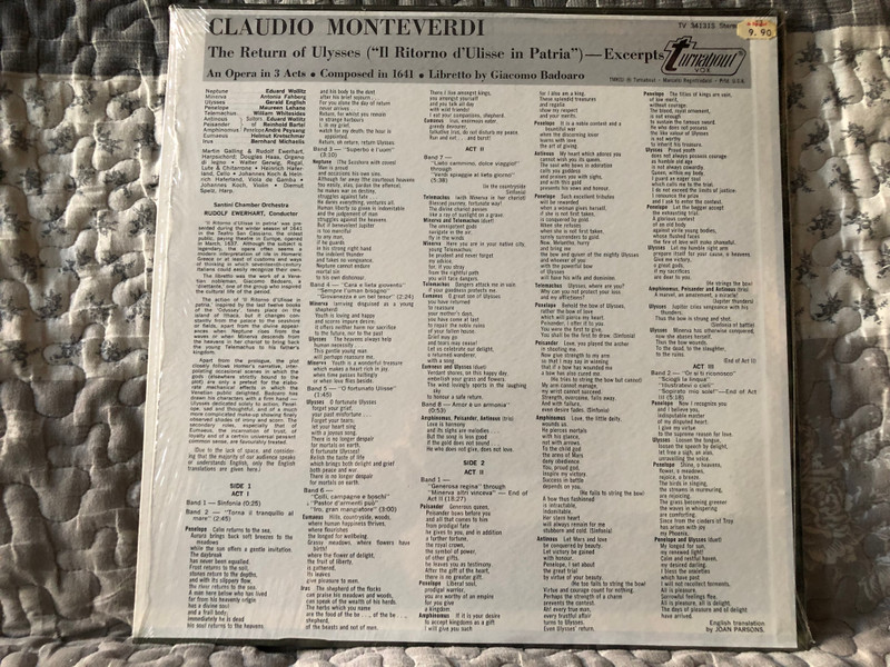 Monteverdi: The Return Of Ulysses (Excerpts) - Maureen Lehane, Margarethe Bence, Eduard Wollitz, Bernhard Michaelis, Santini Chamber Orchestra, Rudolf Ewerhart (conductor) / Turnabout 3x LP, Stereo / TV 34131 S