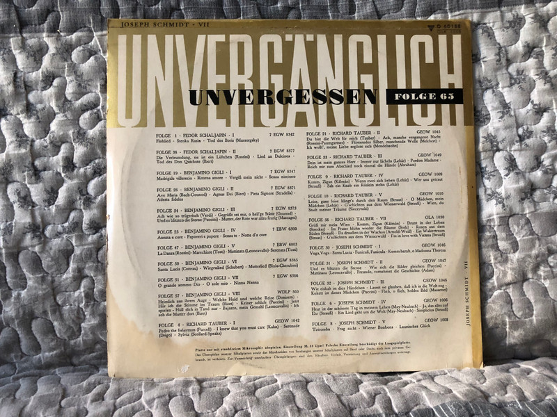 Joseph Schmidt (1904-1942) - VII - Heut Ist Der Schönste Tag In Meinem Leben; Ja, Das Alles Auf Ehr'; Simplicius; Freunde, Vernehmet Die Geschichte; Ein Lied Geht Um Die Welt; Funiculi - Funicula; Komm Herab, O Madonna Theresa / Odeon LP / O 60 188