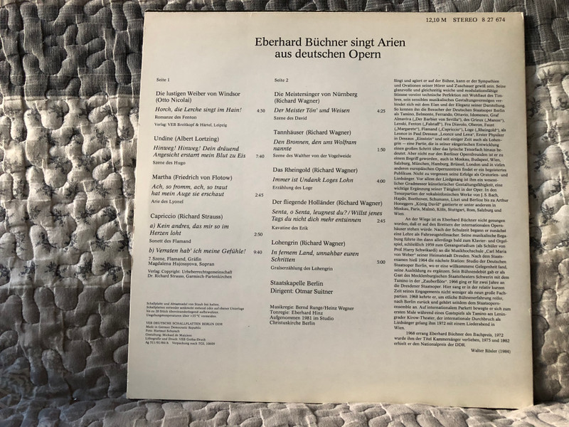 Eberhard Büchner Singt Arien Aus Deutschen Opern - Die Lustigen Weiber Von Windsor; Undine; Martha; Capriccio; Die Meistersinger von Nurnberg; Tannahuser; Das Rheingold; Der Fliegende Holländer; Lohengrin / ETERNA LP Stereo 1984 / 8 27 674