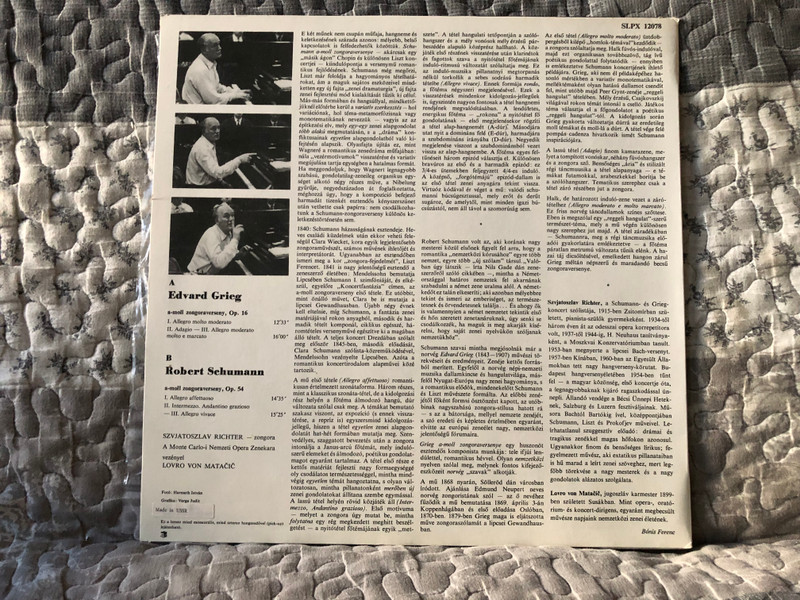 Grieg: A-moll Zongoraverseny, Schumann: A-moll Zongoraverseny - Szvjatoszlav Richter, A Monte Carlo-i Nemzeti Opera Zenekara, Lovro Von Matačič / Hungaroton LP Stereo, Mono / SLPX 12078