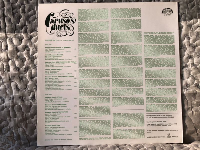 Caruso's Duets - with Emmy Destinn, Geraldine Farrar, Johanna Gadski, Frances Alda, Erneste Schumann-Heink, Louise Homer, Mario Ancona, Antonio Scotti, Titta Ruffo / Supraphon LP 1973 / 0 12 1163