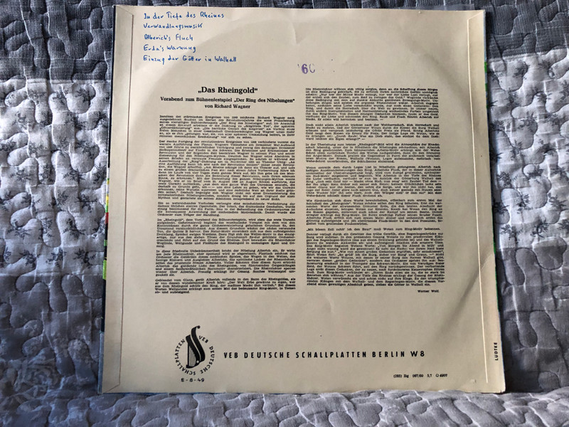 Richard Wagner: Rheingold - Lisa Otto, Melitta Muszely (sopran), Sieglinde Wagner, Johanna Blatter, Ruth Siewert (alt), Helmut Melchert, Rudolf Schock (tenor), Ferdinand Frantz, Josef Metternich, Benno Kusche (bass) / ETERNA LP / 8 20 091
