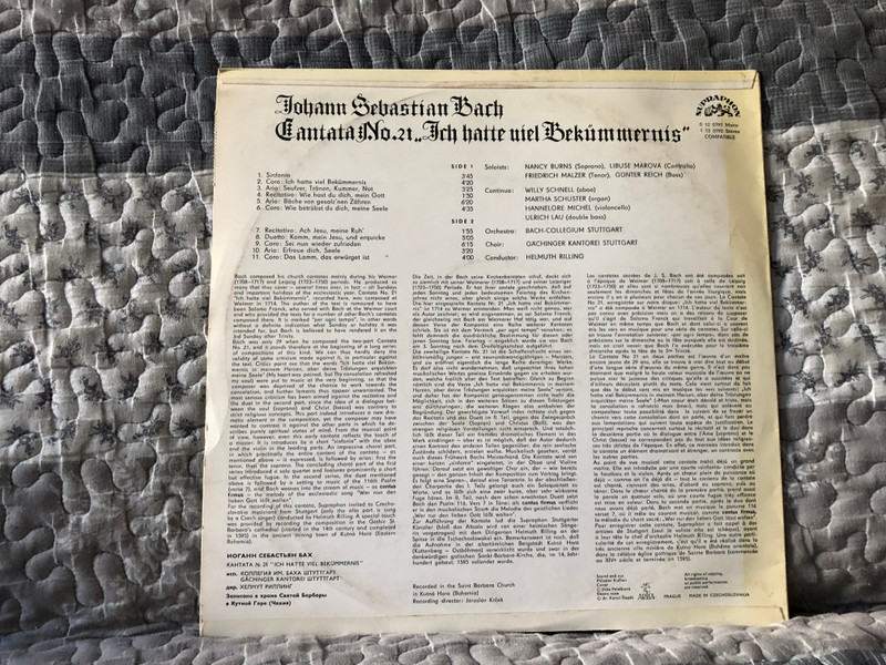 J.S. Bach - Kantate No. 21 „ Ich Hatte Viel Bekümmernis" - Bach-Collegium & Gächinger Kantorei Stuttgart, Cond. Helmuth Rilling / Supraphon LP Mono / 1 12 0792
