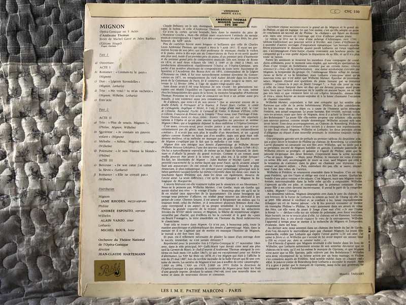 Mignon (Pages Choisies De L'Opéra), D' Ambroise Thomas - Jane Rhodes Mignon, Andrée Esposito Philine, Alain Vanzo Wilhelm, Michel Roux Lothario, Jean-Claude Hartemann / Pathe LP Stereo / CVC 330
