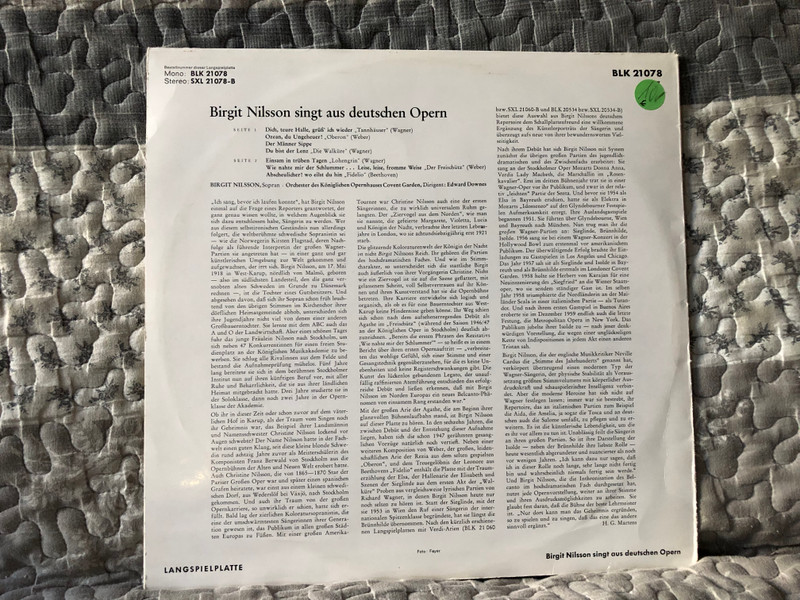 Birgit Nilsson Singt Aus Deutschen Opern - Richard Wagner: Tannhäuser, Die Walküre, Lohengrin, Carl Maria von Weber: Oberon, Der Freischütz, Ludwig Van Beethoven: Fidelio / Decca LP Mono / BLK 21078
