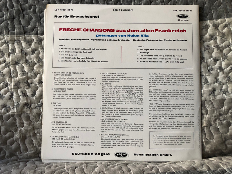 Freche Chansons Aus Dem Alten Frankreich - gesungen Helen Vita - begleitet von Raymond Legrand und seinem Orchester / Vogue Schallplatten LP / LDK 18001