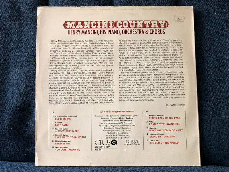 Henry Mancini, His Piano, Orchestra & Chorus: Mancini Country - Almost Persuaded; Make The World Go Away; I Can't Stop Loving You; Stand By Your Man; Take Me To Your World; You Don't Know Me / Opus LP Stereo 1970 / 9113 1217