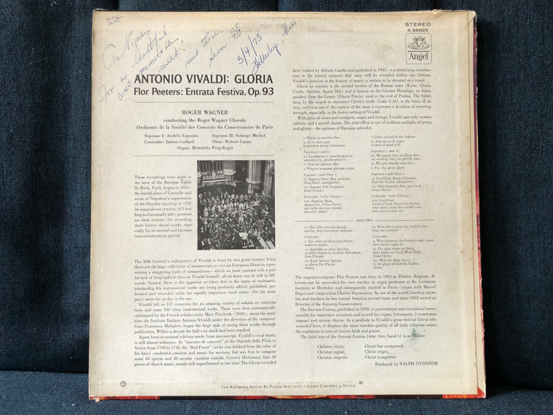 Roger Wagner Chorale, Vivaldi: Gloria, Flor Peeters: Entrata Festiva - with Orchestre De La Société Des Concerts Du Conservatoire De Paris, conducted by Roger Wagner / Angel Records LP Stereo / S 36003