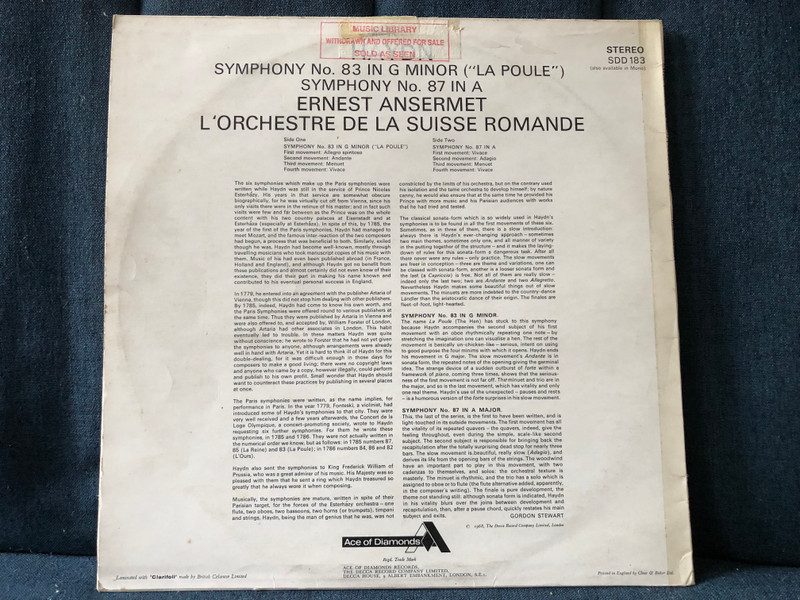 Haydn - Symphony No. 83 In G Minor ("La Poule"), Symphony No. 87 in A - Ernest Ansermet, L'Orchestre De La Suisse Romande / Ace Of Diamonds / Decca LP Stereo 1968 / SDD 183