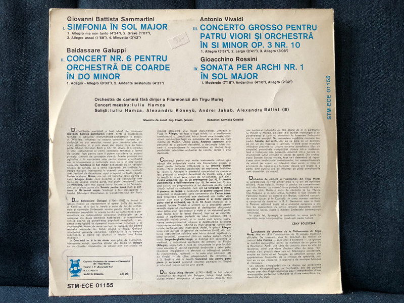 Sammartini: Simfonia În Sol Major, Galuppi: Concert Nr. 6 Pentru Orchestră De Coarde În Do Minor, Vivaldi: Concerto Grosso Pentru Patru Viori Și Orchestră În Si Minor, Rossini: Sonata Per Archi Nr. 1 În Sol Major / Electrecord LP Stereo, Mono / STM-ECE 01155