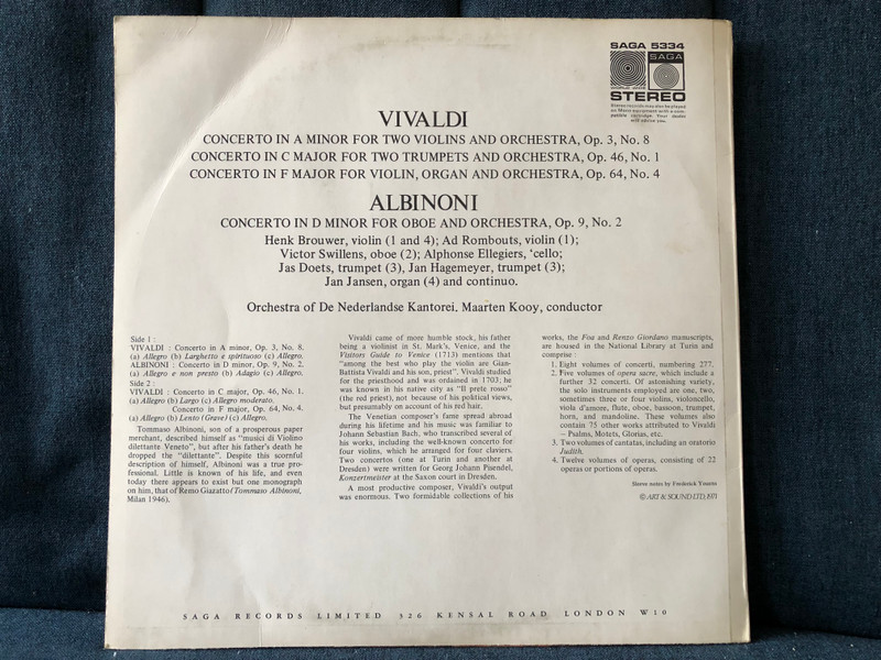 Vivaldi & Albinoni - Vivaldi: Concerto In A Minor For Two Violins And Orchestra, Op. 3, No. 8, Concerto In C Major For Two Trumpets And Orchestra, Op. 46, No. 1, Concerto In F Major For Violin, Organ And Orchestra, Op. 64 No. 4 / Saga LP Stereo / 5334