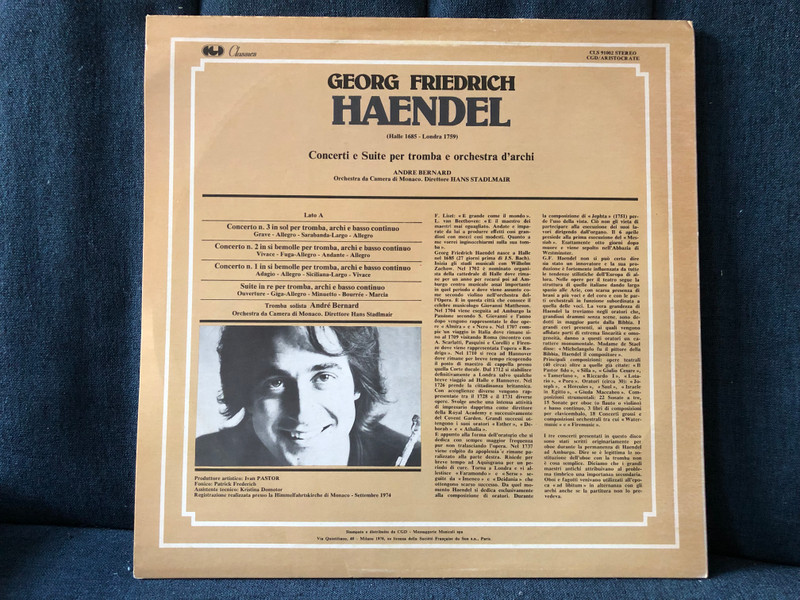 Georg Friedrich Haendel: Concerti E Suite Per Tromba E Orchestra D'archi - Andre Bernard, Orchestra da Camera di Monaco, Diretorre Hans Stadlmair / CGD Classics LP Stereo / CLS 91002