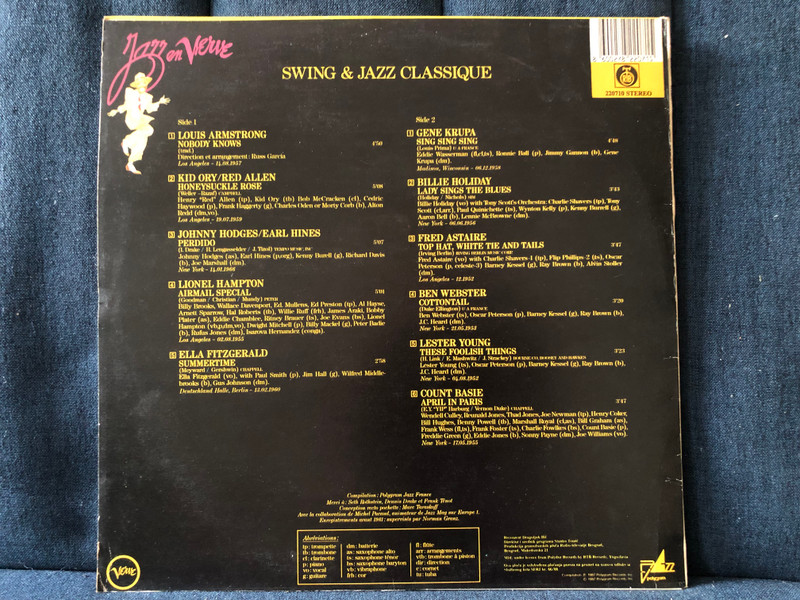 Jazz En Verve Vol. 1 - Louis Armstrong, Kid Ory, Red Allen, Johnny Hodges, Earl Hines, Lionel Hampton, Ella Fitzgerald, Gene Krupa, Billie Holiday, Fred Astaire, Ben Webster, Lester Young, Count Basie / PGP RTB LP 1987 Stereo / 220710