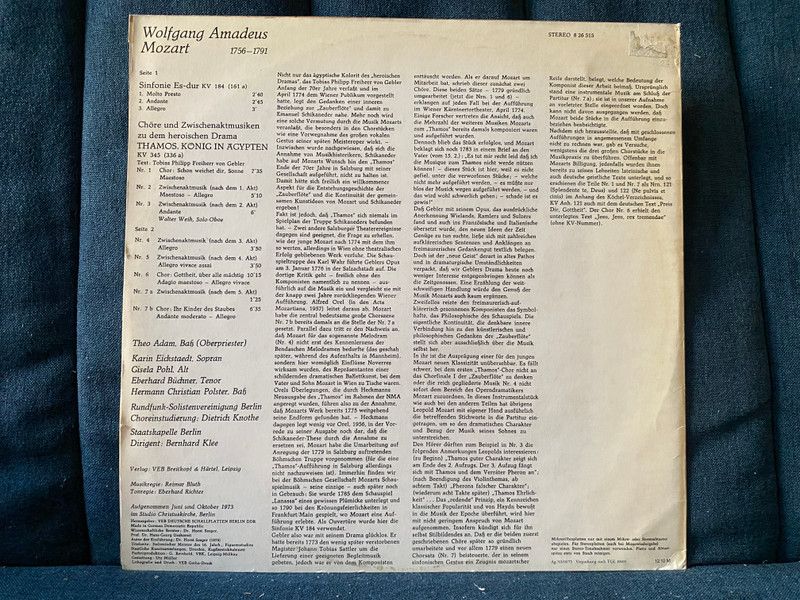 Mozart - Thamos, König In Ägypten KV 345 (Chöre Und Zwischenaktmusiken); Sinfonie Es-dur KV 184 - Karin Eickstaedt, Gisela Pohl, Eberhard Büchner, Theo Adam, Hermann Christian Polster, Rundfunk-Solistenvereinigung Berlin / ETERNA LP Stereo 1975 / 8 26 515