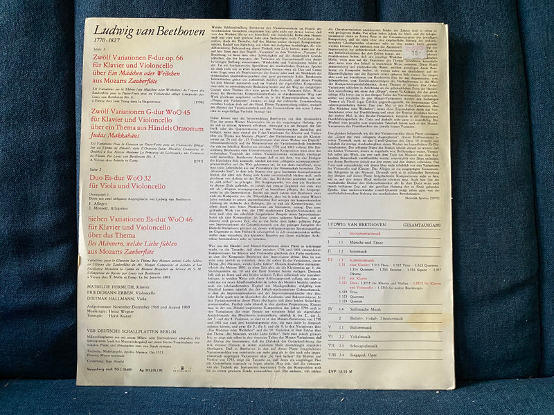 Ludwig van Beethoven Gesamtausgabe - Variationen Für Klavier Und Violoncello; Duo Für Viola Und Violoncello Es-dur WoO 32 - Friedemann Erben (violoncello), Mathilde Hermuth (klavier), Dietmar Hallmann (viola) / ETERNA LP Stereo 1970 / 8 26 071