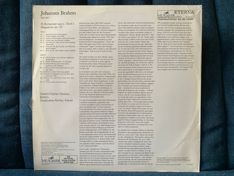 Brahms: Die Schöne Magelone (15 Romanzen) - Dietrich Fischer-Dieskau, Swjatoslaw Richter / ETERNA Edition / Melodia Eterna LP Stereo 1975 / 8 26 427