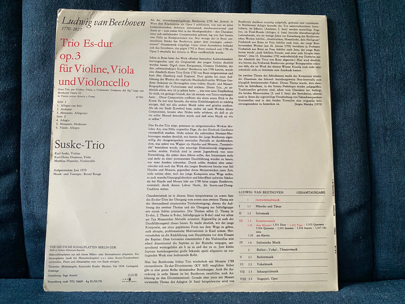 Ludwig van Beethoven Gesamtausgabe – III 25: Trio Für Violine, Viola Und Violoncello Es-Dur Op. 3 - Suske-Trio / ETERNA LP Stereo 1970 / 8 26 139