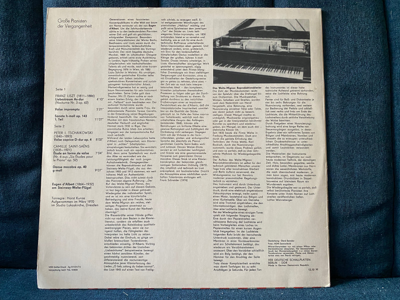 Große Pianisten Der Vergangenheit - Eugen D'Albert spielt Liszt, Tschaikowski, Saint-Saëns Am Steinway-Welte-Flügel / ETERNA LP Stereo 1974 / 8 26 451