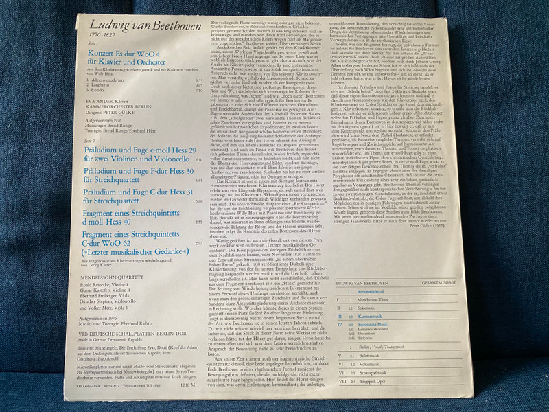 Ludwig van Beethoven Gesamtausgabe - Klavierkonzert Es-dur WoO 4; Präludien Und Fugen E-moll, F-dur, C-dur; Quintettfragmente D-moll Und C-dur (Letzter musikalischer Gedanke) / ETERNA LP 1977 Stereo / 8 26 971
