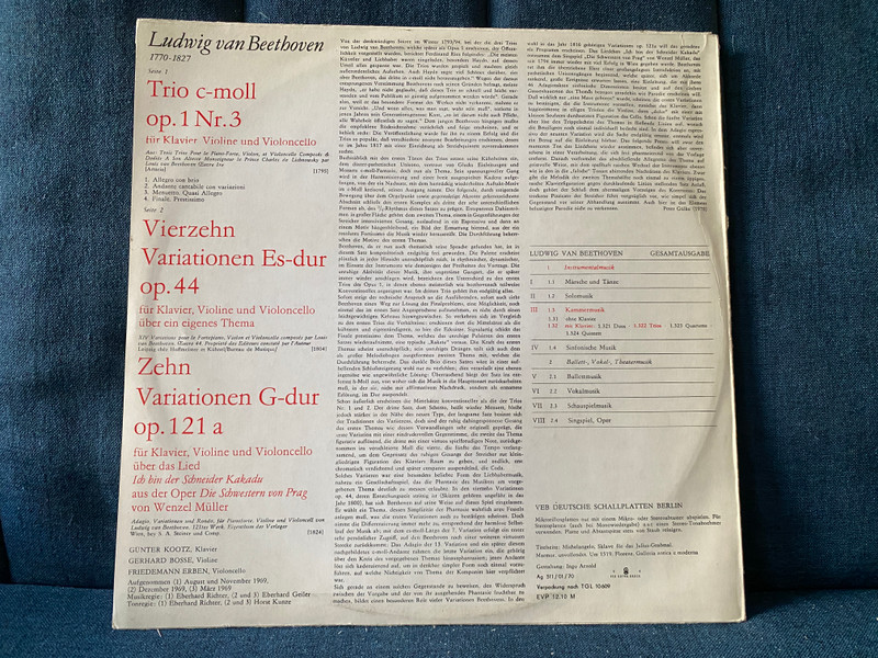 Ludwig van Beethoven Gesamtausgabe – III 18 - Trios Für Klavier, Violine Und Violoncello C-moll Op. 1 Nr. 3 Es-dur Op. 44; Variationen Über »Ich Bin Der Schneider Kakadu« G-dur Op. 121 A - Günter Kootz (klavier), Gerhard Bosse (violine) / ETERNA LP Stereo 1970 / 8 26 034