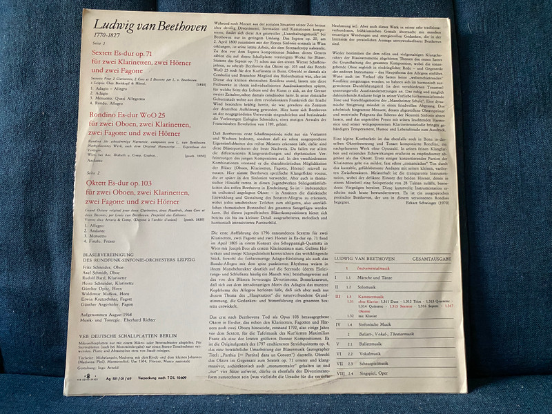 Ludwig van Beethoven Gesamtausgabe – III 29: Sextett Es-dur Op. 71, Rondino Es-dur WoO 25, Oktett Es-dur Op. 103 - Bläservereinigung Des Rundfunk-Sinfonie-Orchesters Leipzig / Eterna LP Stereo 1969 / 8 26 019