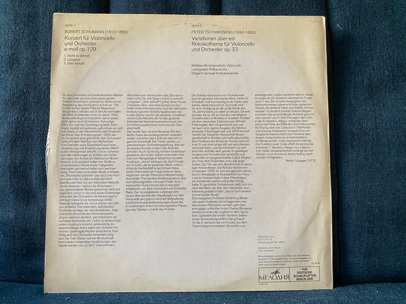 Mstislaw Rostropowitsch - Peter I. Tchaikowski: Variationen Über Ein Rokoko-Thema Für Violoncello Und Orchester Op.33 , Robert Schumann: Konzert Für Violoncello Und Orchester A-Moll Op.129 - Leningrader Philharmonie / Melodia Eterna LP Stereo 1974 / 8 26 360