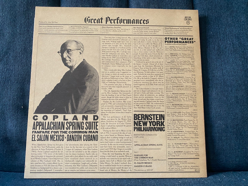 Copland - Appalachian Spring Suite; Fanfare For The Common Man; El Salón México; Danzón Cubano - Bernstein, New York Philharmonic/ CBS Great Performances – 39 / CBS LP 1982 / 60139