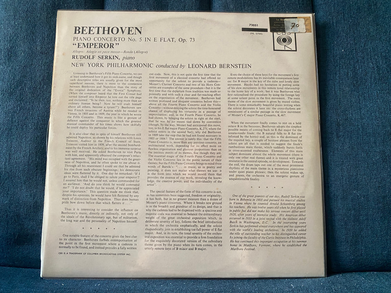Serkin - Bernstein, Beethoven: "Emperor" Concerto - New York Philharmonic / CBS LP / 72051