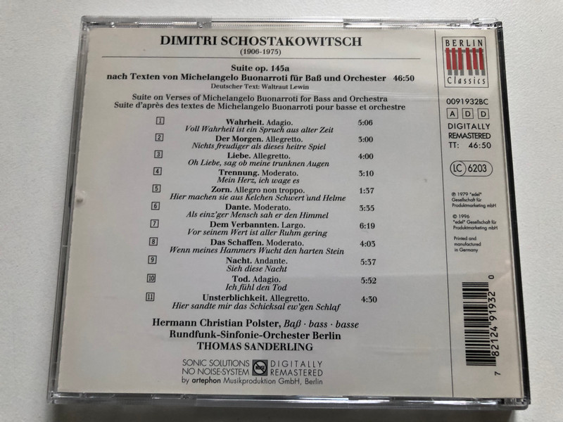 Shostakovich: Michelangelo Suite Op. 145a - Hermann Christian Polster, Rundfunk-Sinfonie-Orchester Berlin, Thomas Sanderling / Berlin Classics Audio CD 1996 / 0091932BC