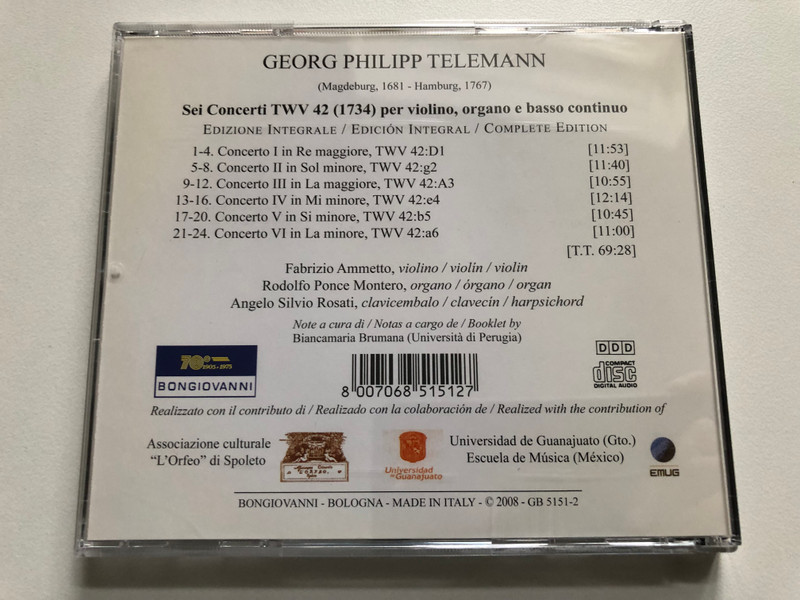 Georg Philipp Telemann: Sei Concerti TWV 42 per violino, organo e basso continuo (Edizione Integrale) - Fabrizio Ammetto (violino), Rodolfo Ponce Montero (organo), Angelo Silvio Rosati (clavicembalo) / Bongiovanni Audio CD 2008 / GB 5151-2