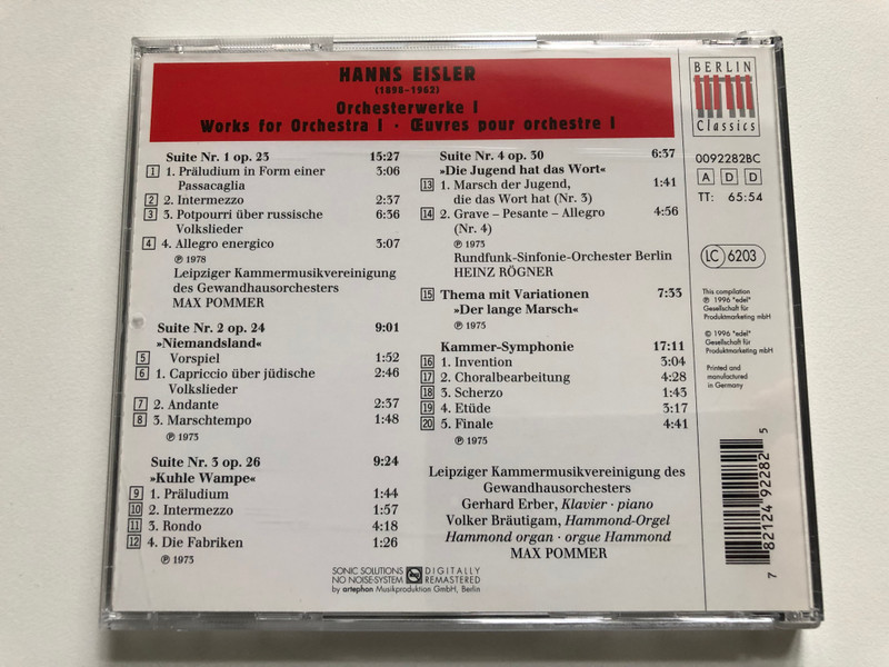 Hanns Eisler: Orchesterwerke - Works for Orchestra 1 - Suiten 1-4; Thema mit Variationen; Kammer-Symhonie / Berlin Classics Audio CD 1996 / 0092282BC