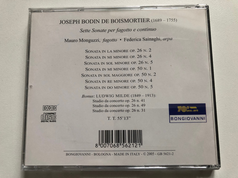 Joseph Bodin De Boismortier - Sette Sonate per fagotto e continuo - Mauro Monguzzi (fagotto), Federica Sainaghi (arpa) / Bongiovanni Audio CD 2005 / GB 5621-2